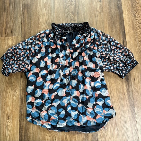 LAFAYETTE 148 100% Silk Button Blouse SZ 10 Puff Short Sleeves Black Blue Office - Picture 1 of 10